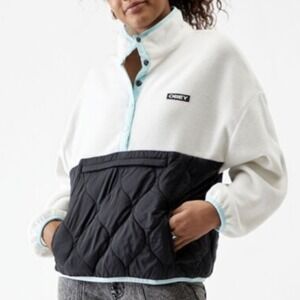 OBEY Colorblock Fleece Pullover Jacket Light Blue Trim Quilted Pocket‎ Women's L